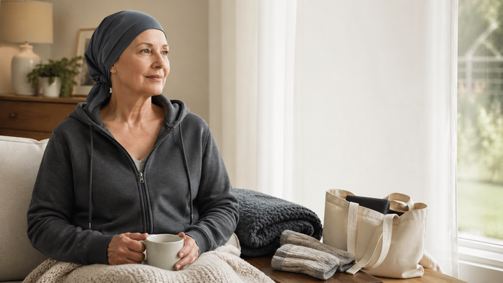 Woman wearing a zip-front hoodie before chemo, sitting by a window with a blanket and tote bag for a treatment day.