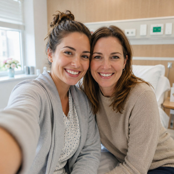 Two women smiling in a light hospital room, taking a warm selfie before going home after rotator cuff surgery.