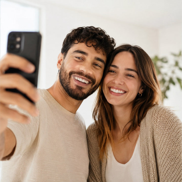 Smiling couple taking a selfie at home, representing confidence and comfort while comparing shoulder surgery shirt options.