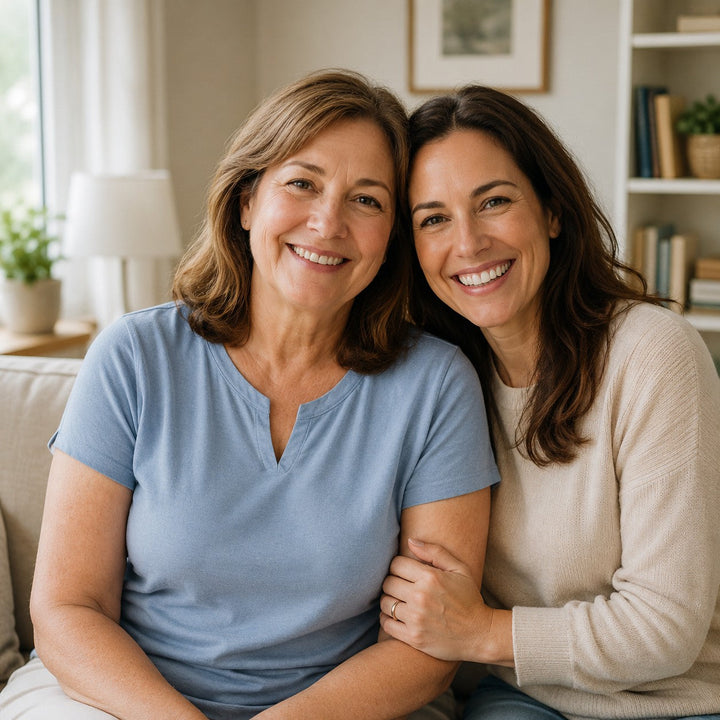 Two women smiling together at home, one wearing a soft recovery-friendly short-sleeve shirt, showing warmth and support after shoulder surgery.