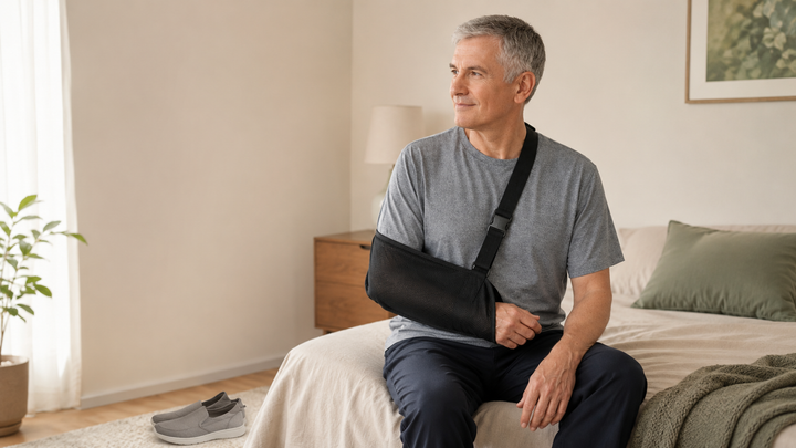 Man wearing a shoulder sling at home, showing what clothes to wear after shoulder surgery with a sling, including a soft shirt, loose pants, and slip-on shoes.