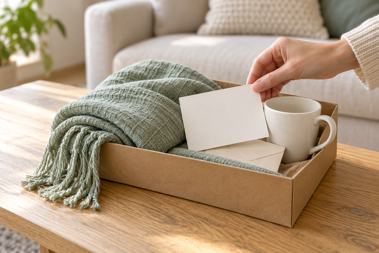 A care package with a green throw blanket, a cream-colored mug and a note card.