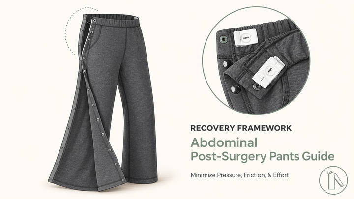 Minimalist illustration depicting the three key framework priorities for post-abdominal surgery pants: minimizing pressure, friction, and dressing effort, featuring the Yabeesy black side-snap sport pants with a close-up detail - Yabeesy Care guide