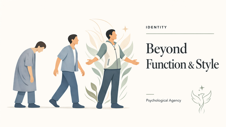 Minimalist illustration depicting the psychological transformation and identity recovery journey through adaptive clothing design - Yabeesy Care