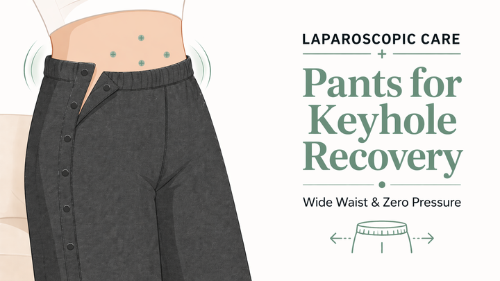 Minimalist illustration of side-snap recovery pants designed for laparoscopic surgery, showing bloated abdomen relief and incision protection - Yabeesy Care guide