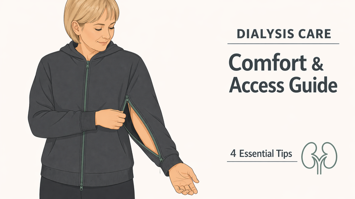 Minimalist illustration of a patient in a dialysis chair wearing adaptive clothing with arm access zippers for comfort during treatment - Yabeesy Care