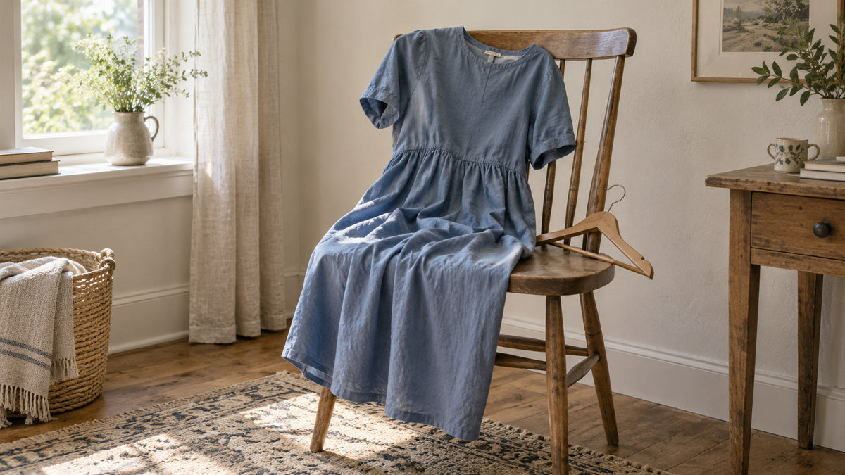 A simple blue dress draped over a wooden chair in a softly lit room.