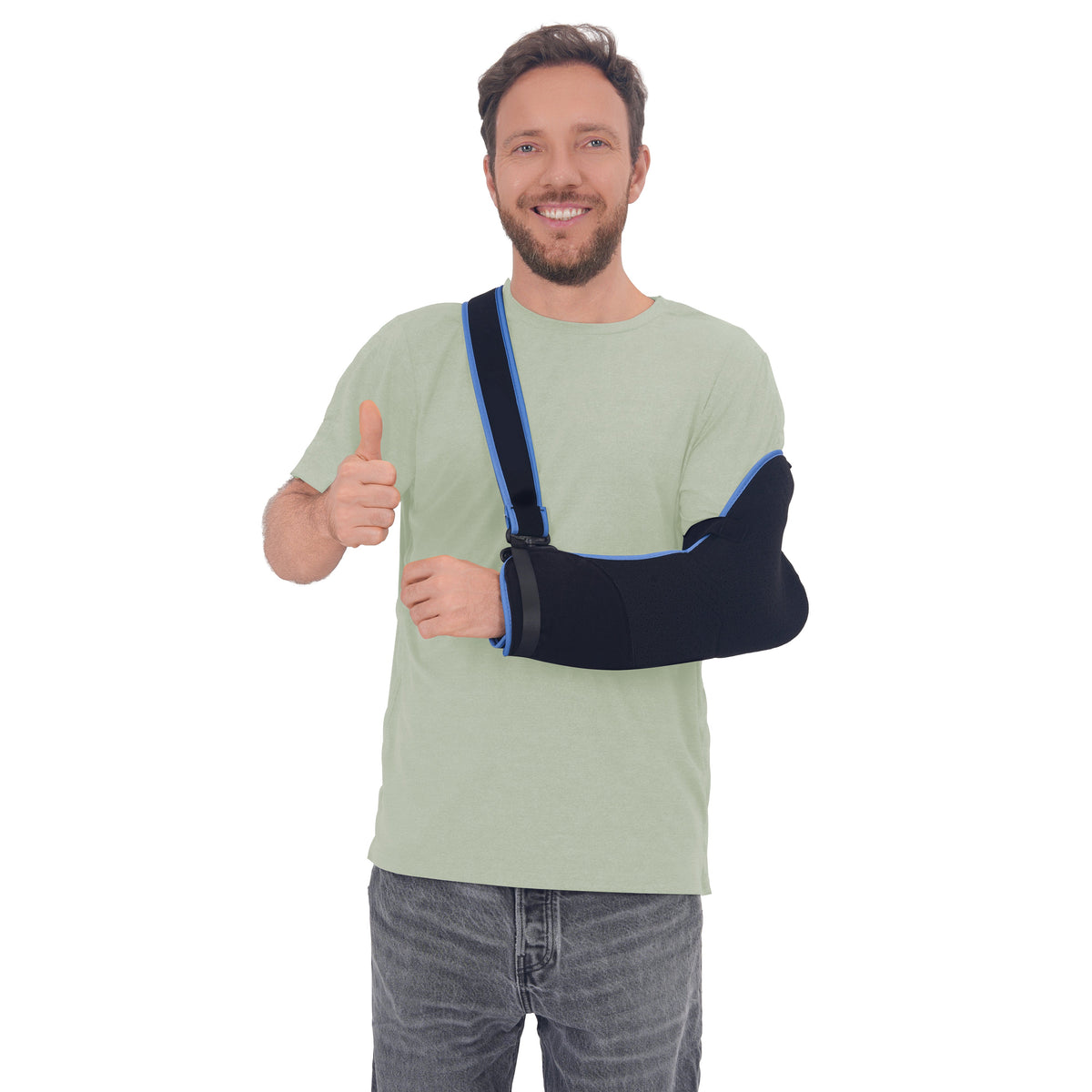 Man wearing a Sage Green side-snap shirt with an arm sling.