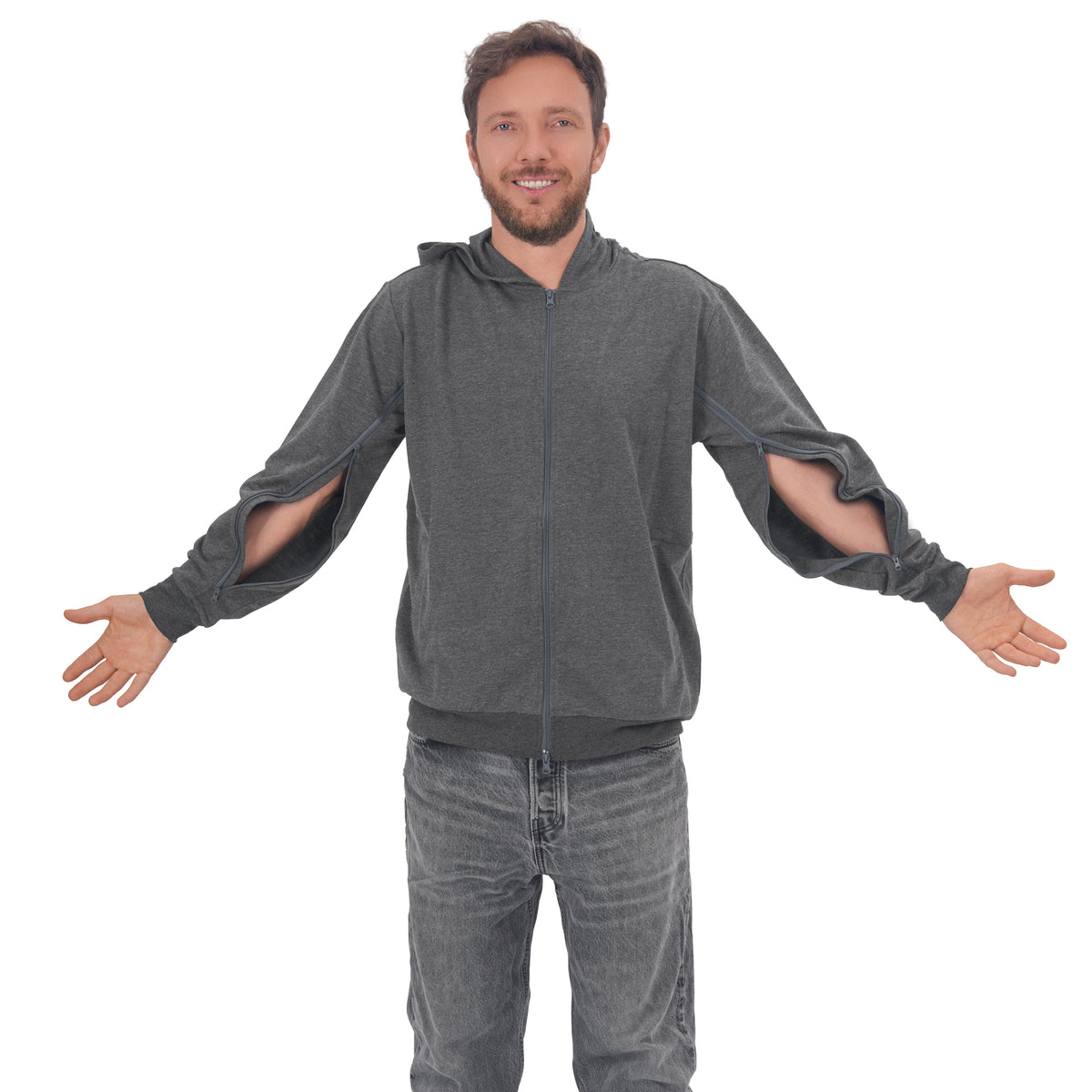 Man wearing a Gray zip hoodie with both sleeve zippers open.