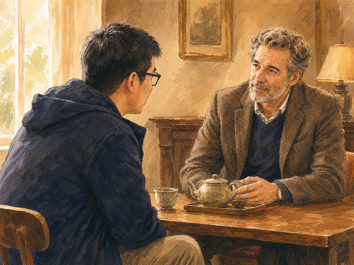 two people talk about recovery, dignity, identity, and reflection in tea-house