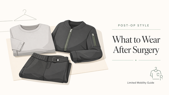 Minimalist illustration of a curated post-operative wardrobe featuring adaptive clothing for limited mobility and surgery recovery - Yabeesy Care