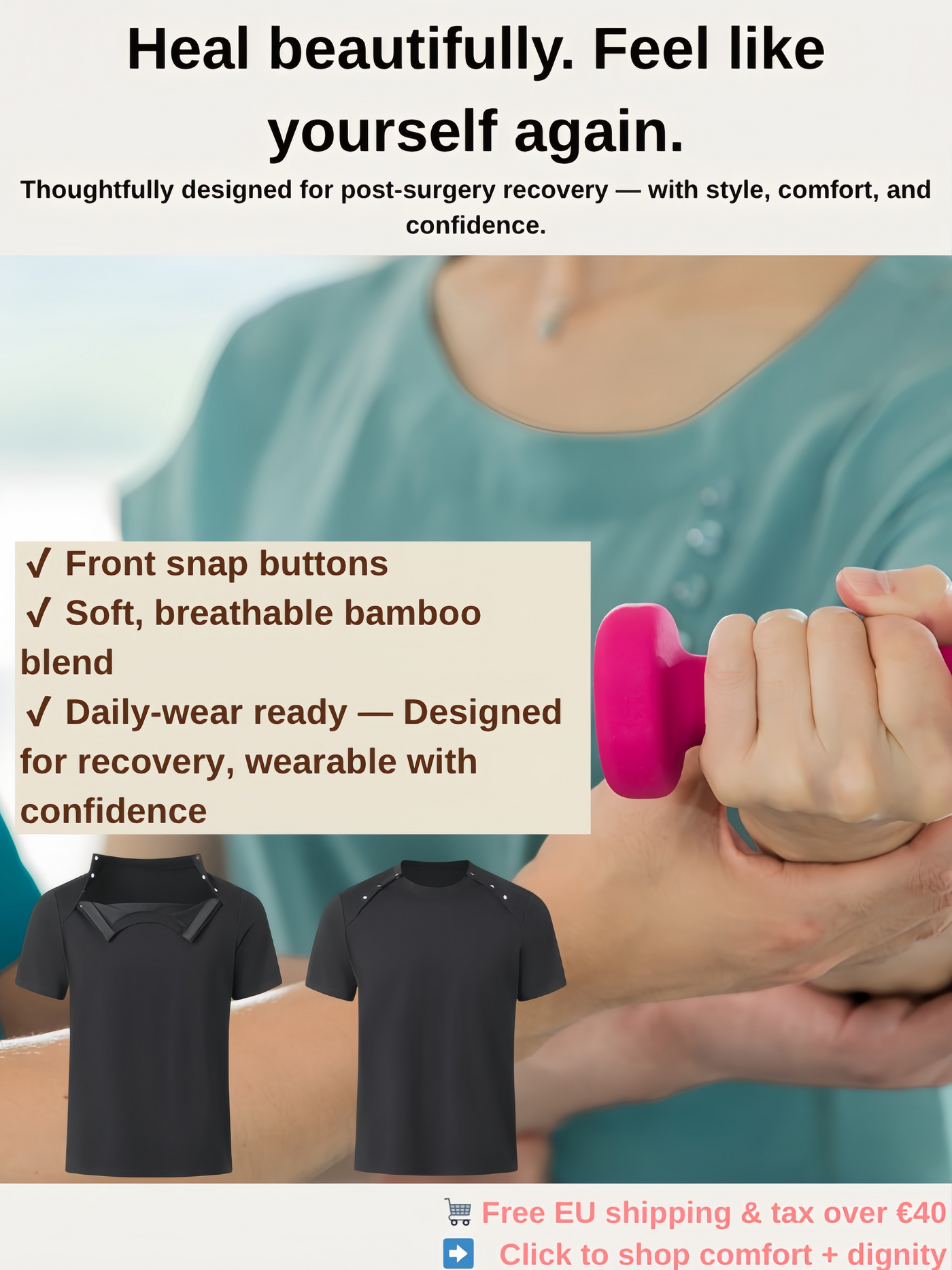 Unsex Post-Surgery Recovery Shirt  – Front Snap Closure, Soft Bamboo-Sorona Blend