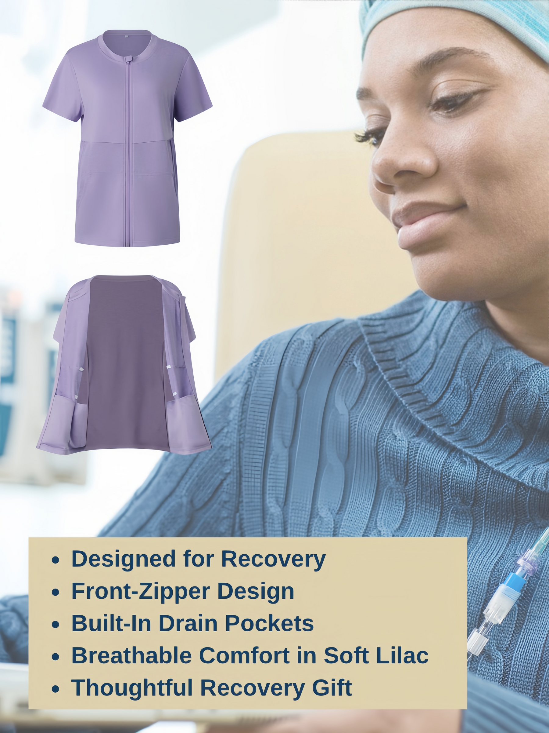 Camiseta de recuperación de mastectomía con cremallera frontal y bolsillos para drenaje