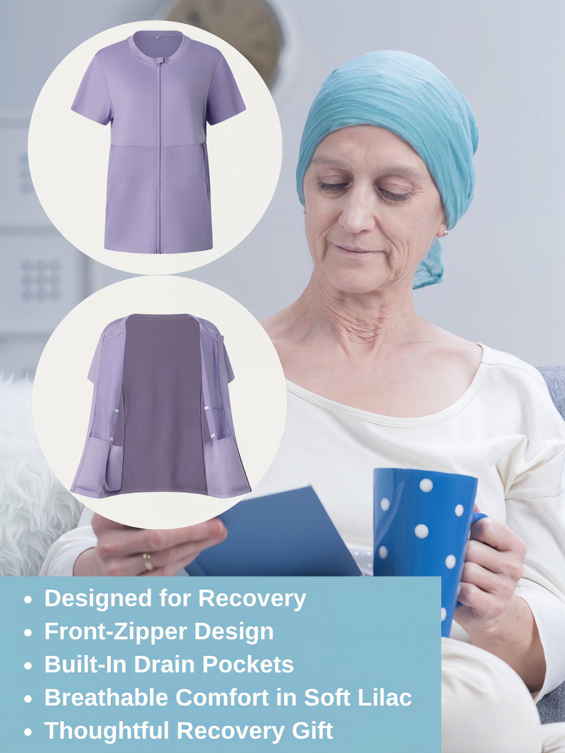 Camiseta de recuperación de mastectomía con cremallera frontal y bolsillos para drenaje