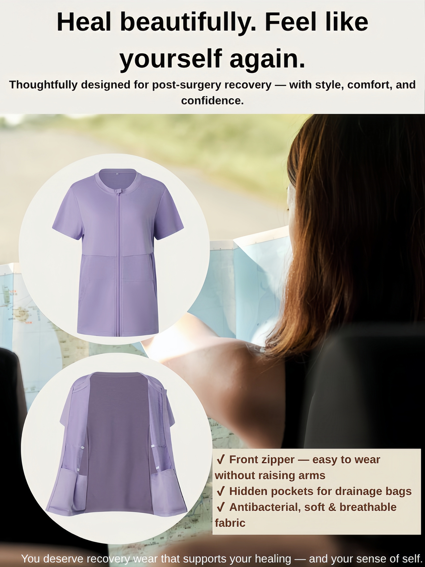 Camiseta de recuperación de mastectomía con cremallera frontal y bolsillos para drenaje