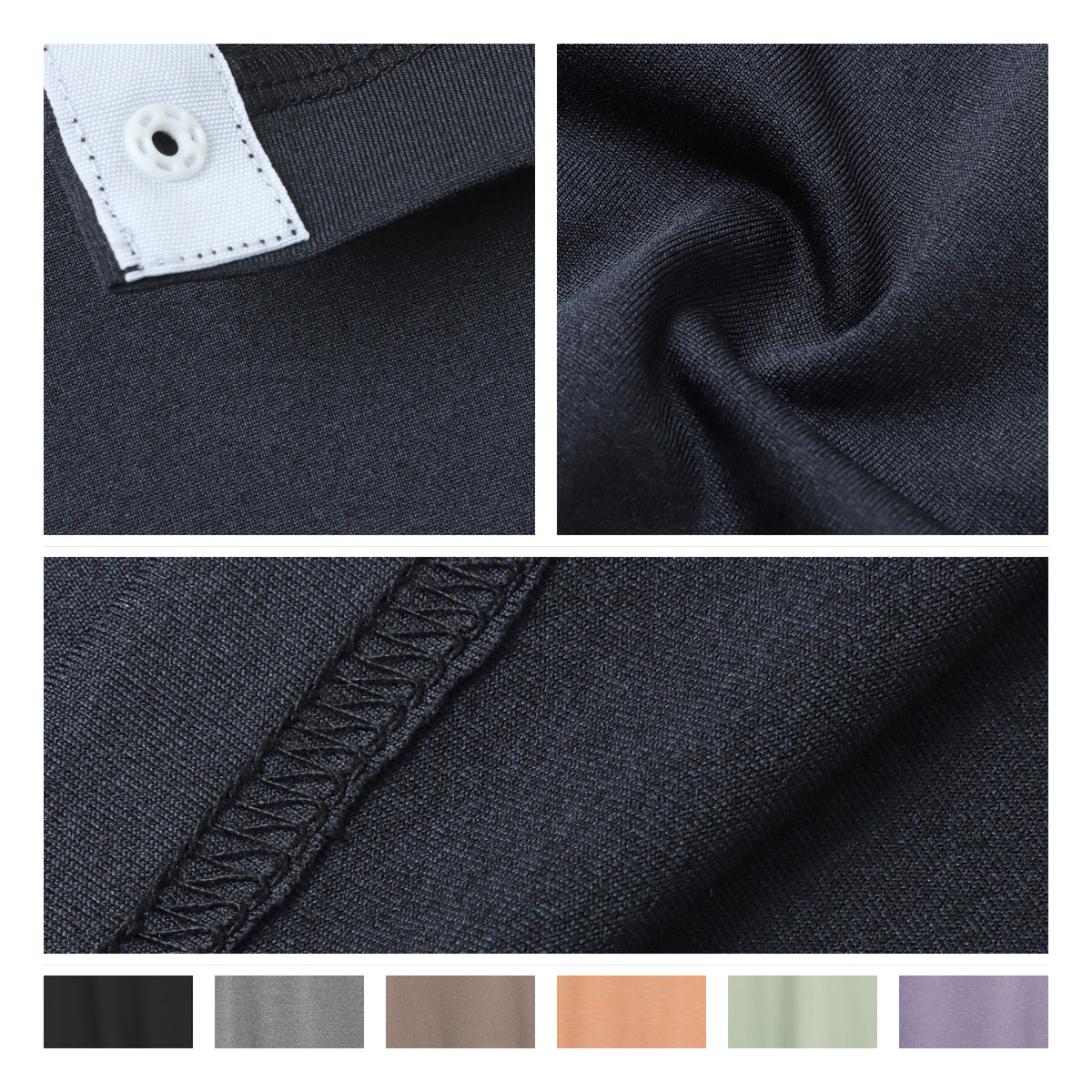 Side-snap shirt details showing snap fastening, fabric texture, an interior seam and color swatches.