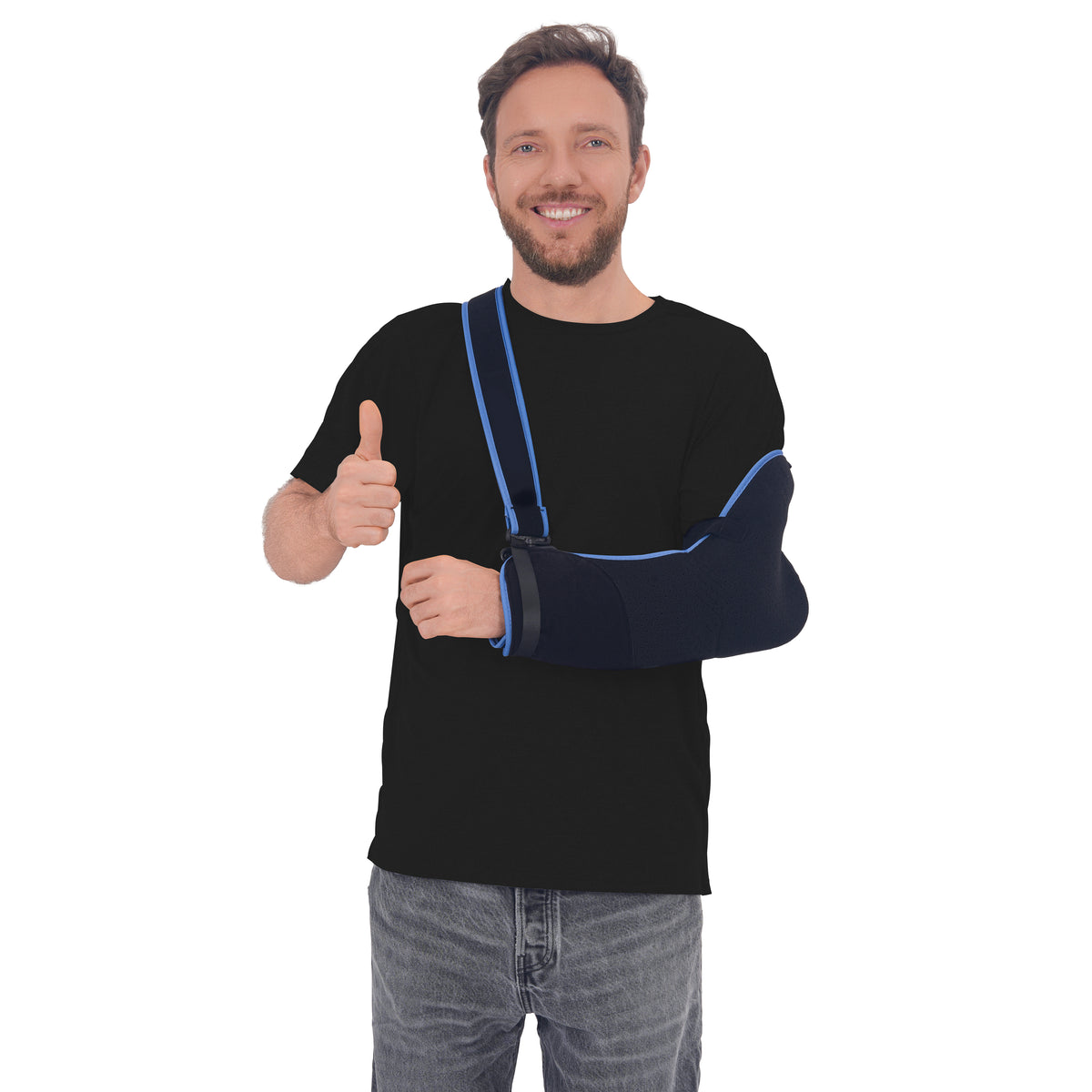 Man wearing a Black side-snap shirt with an arm sling.