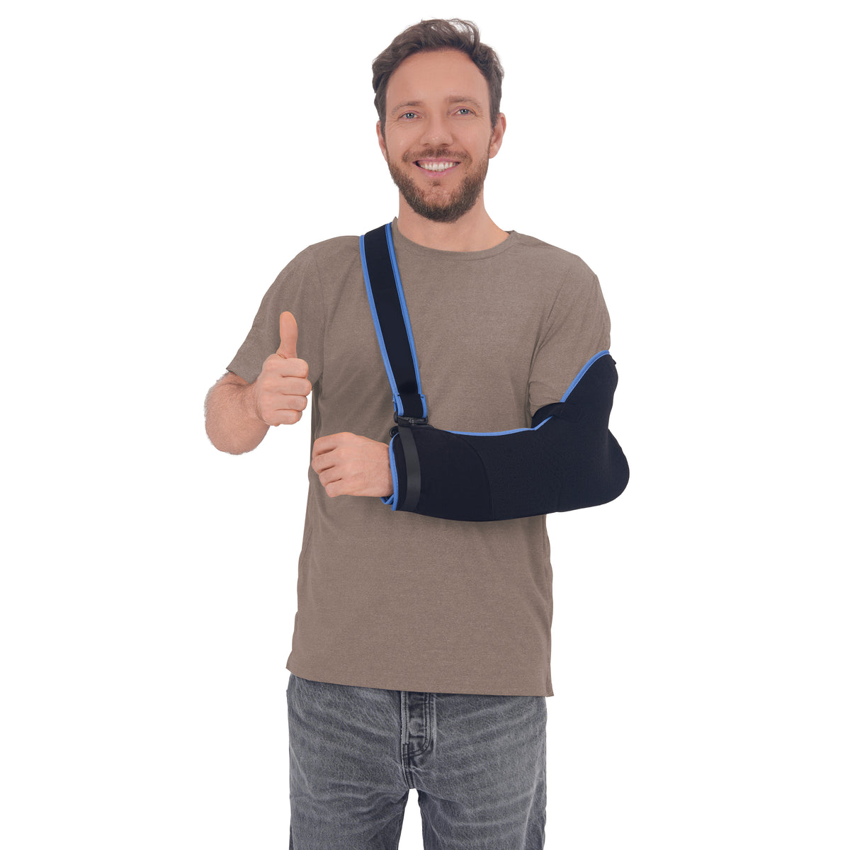 Man wearing a Khaki side-snap shirt with an arm sling.