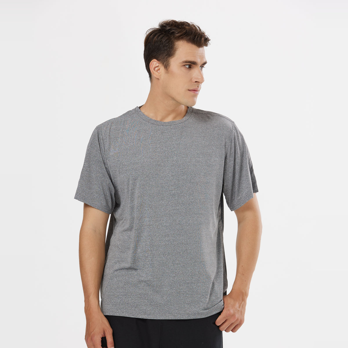 Man wearing a Gray side-snap shirt.