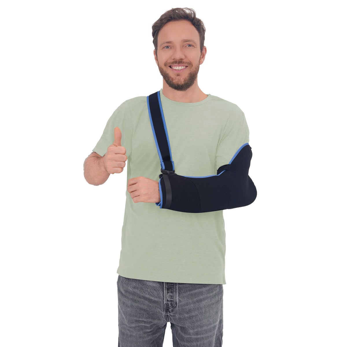 Man wearing a Sage Green side-snap shirt with an arm sling.