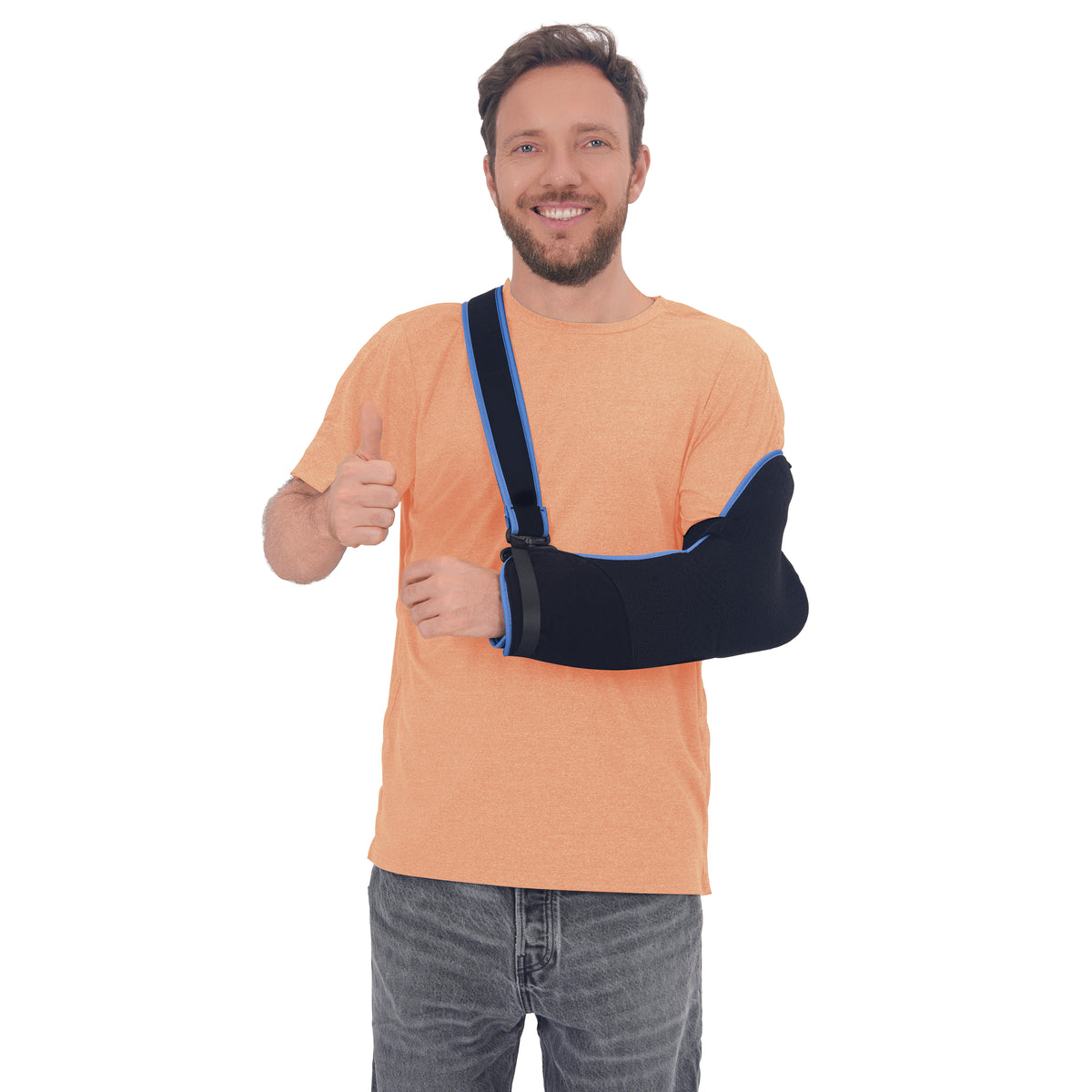 Man wearing a Burnt Orange side-snap shirt with an arm sling.