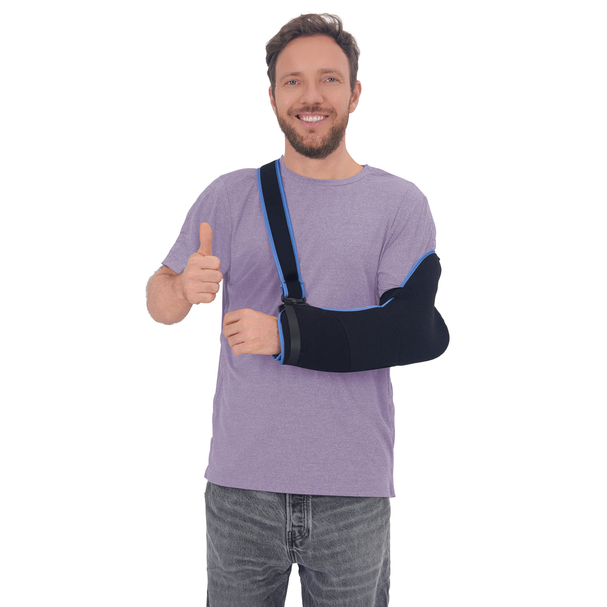 Man wearing a Lavender Mist side-snap shirt with an arm sling.