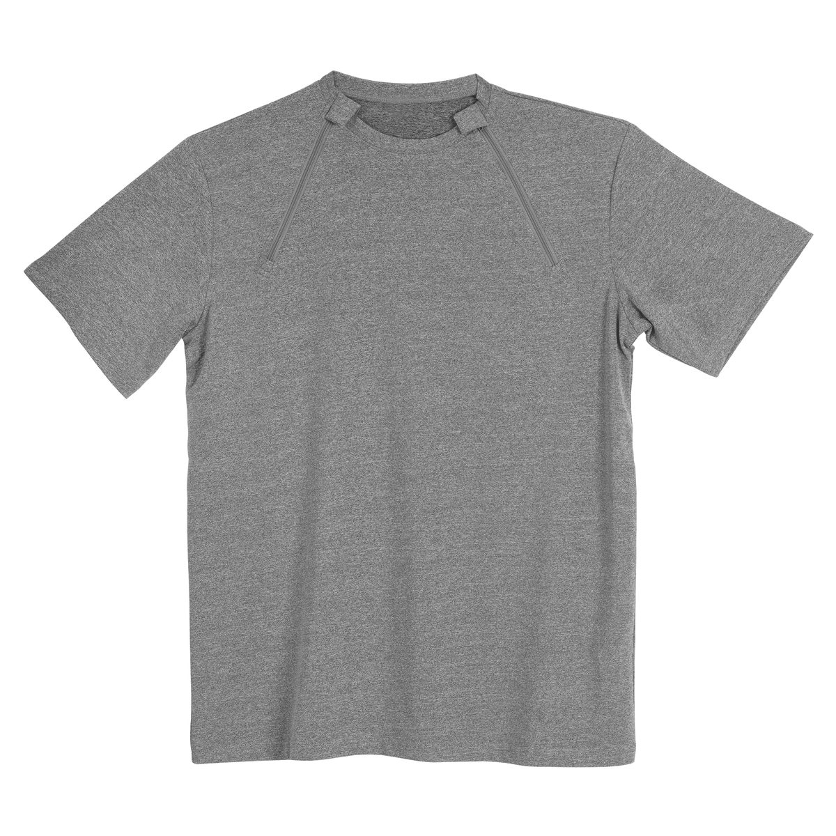 Animation of a gray port-access shirt with both chest zippers shown closed and open.
