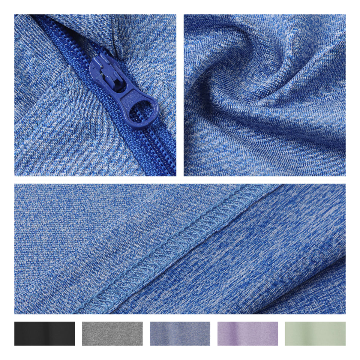 Port-access shirt details showing a zipper, heathered blue fabric, an interior seam and color swatches.
