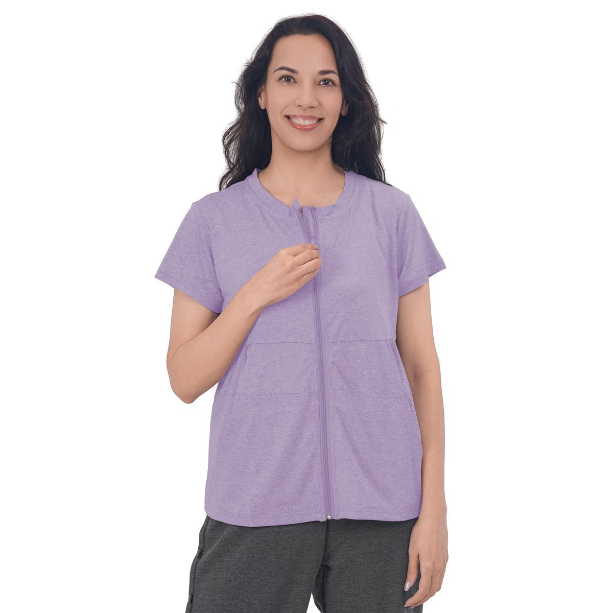 Woman wearing a Lavender Mist front-zip recovery shirt.