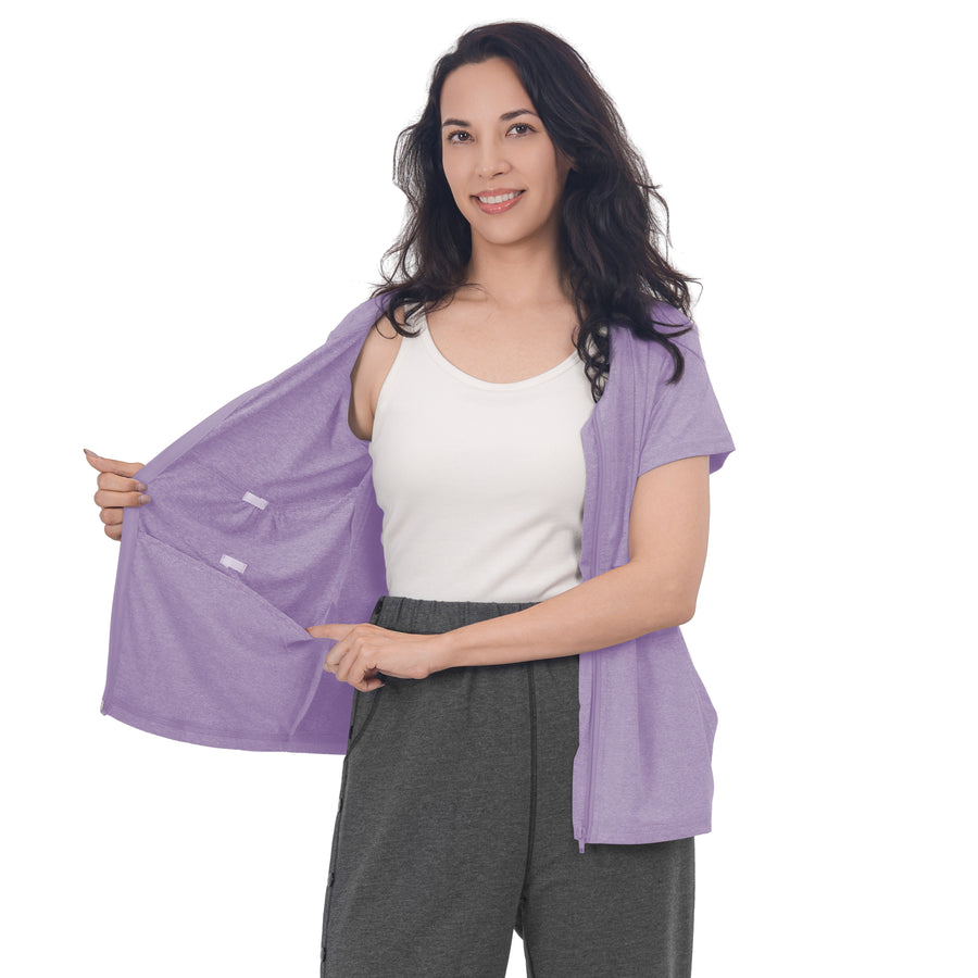 Maglia post-mastectomia con zip frontale e tasche per drenaggio