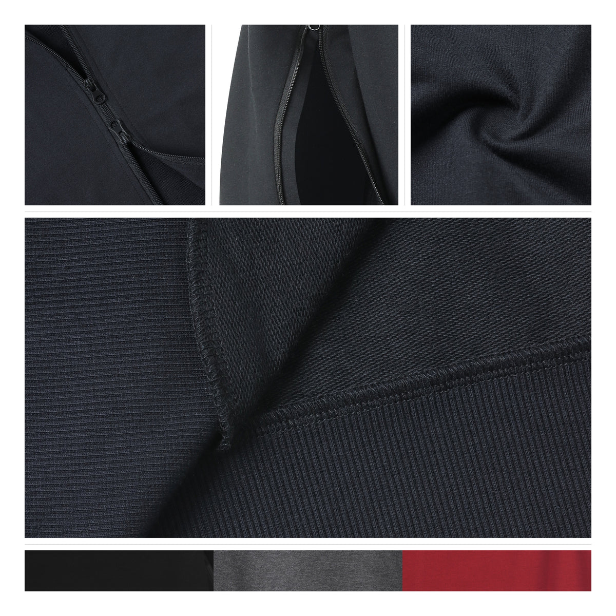 Hoodie details showing a two-way zipper, fabric guard, knit texture, ribbed trim and color swatches.