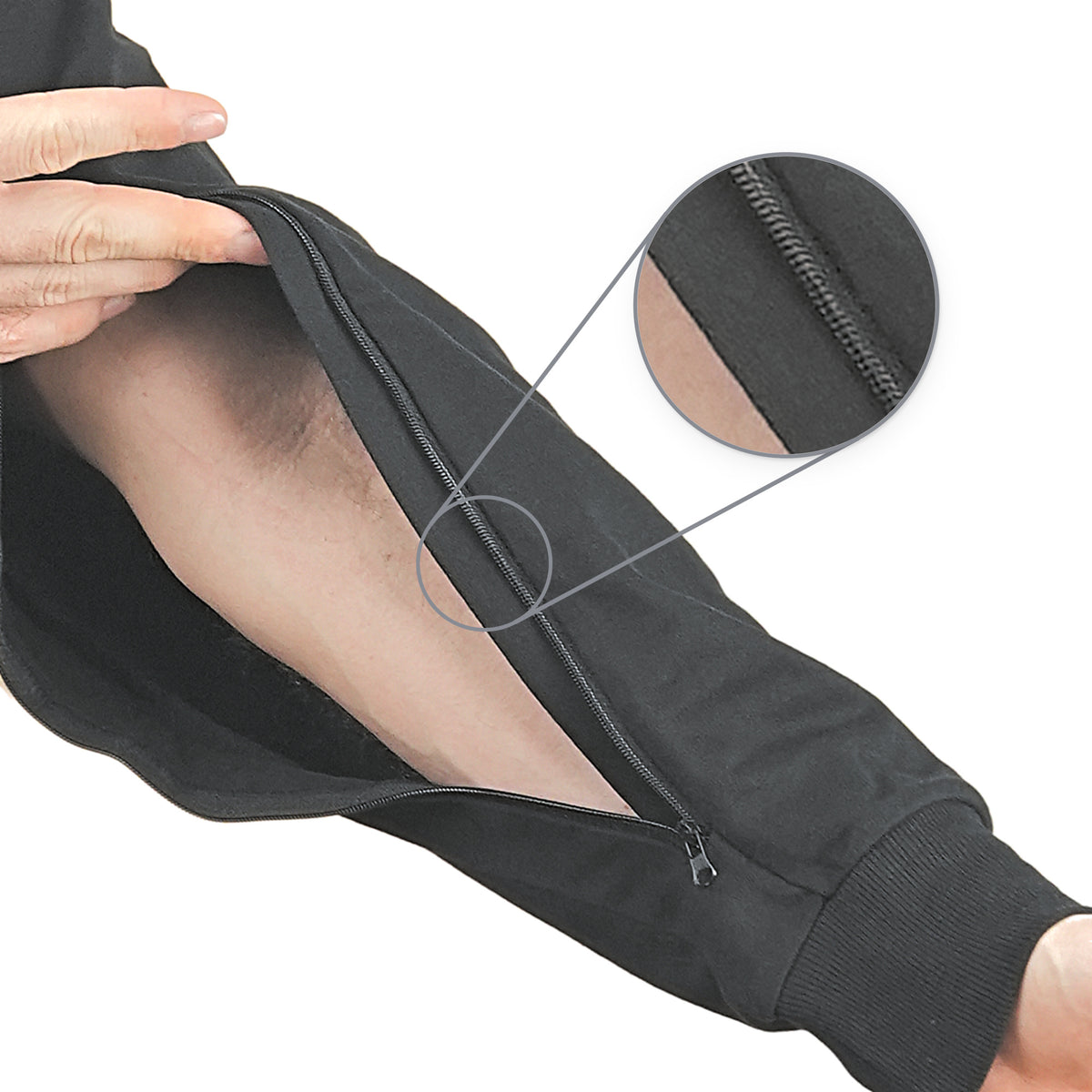 An opened black hoodie sleeve with a magnified inset of the zipper and inner fabric guard.