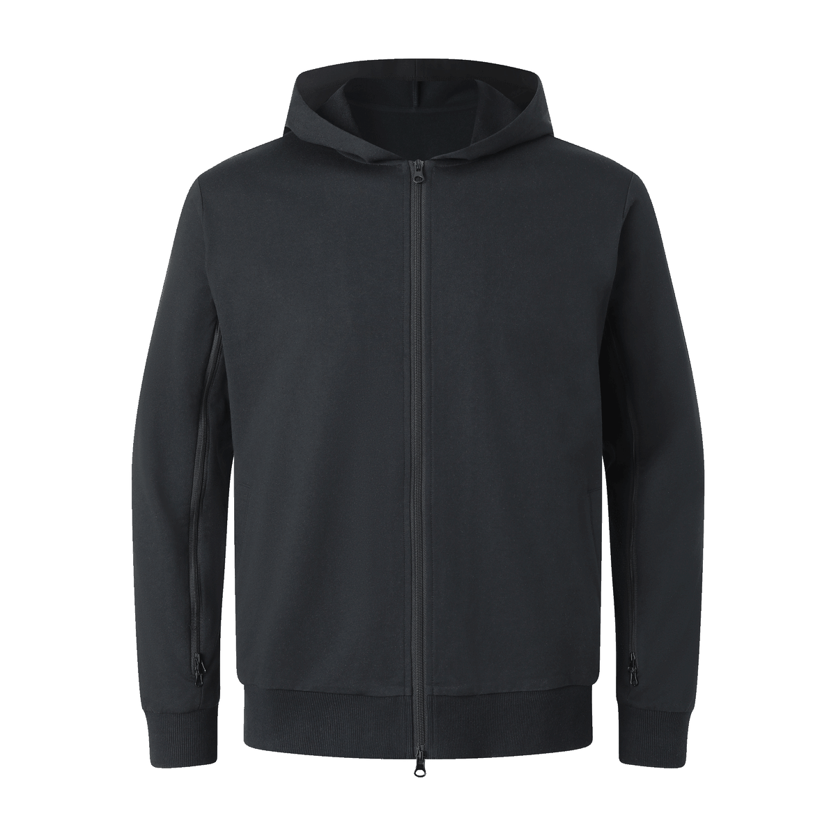 Animation of a black zip hoodie with front and sleeve zippers shown closed and open.
