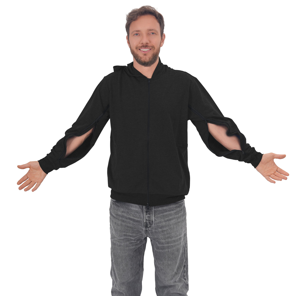 Man wearing a Black zip hoodie with both sleeve zippers open.