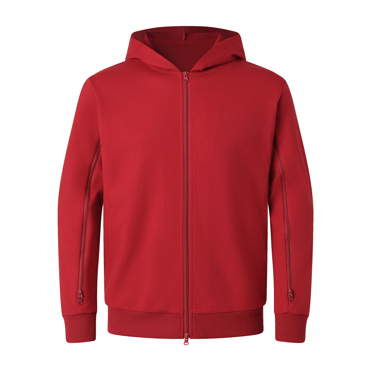 Animation of a red zip hoodie with front and sleeve zippers shown closed and open.