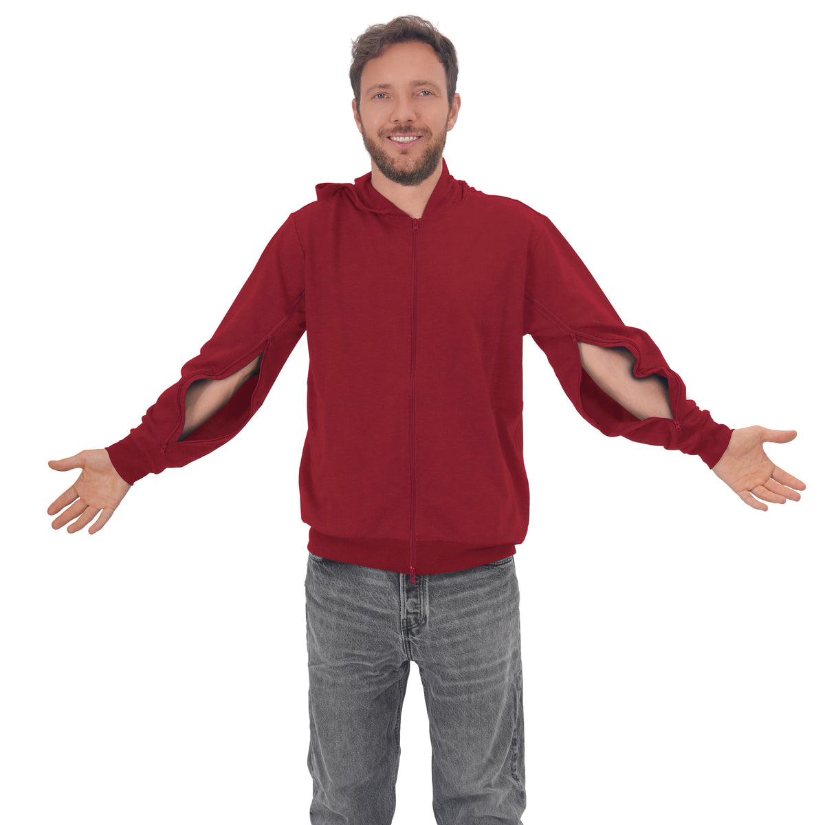 Man wearing a Red zip hoodie with both sleeve zippers open.