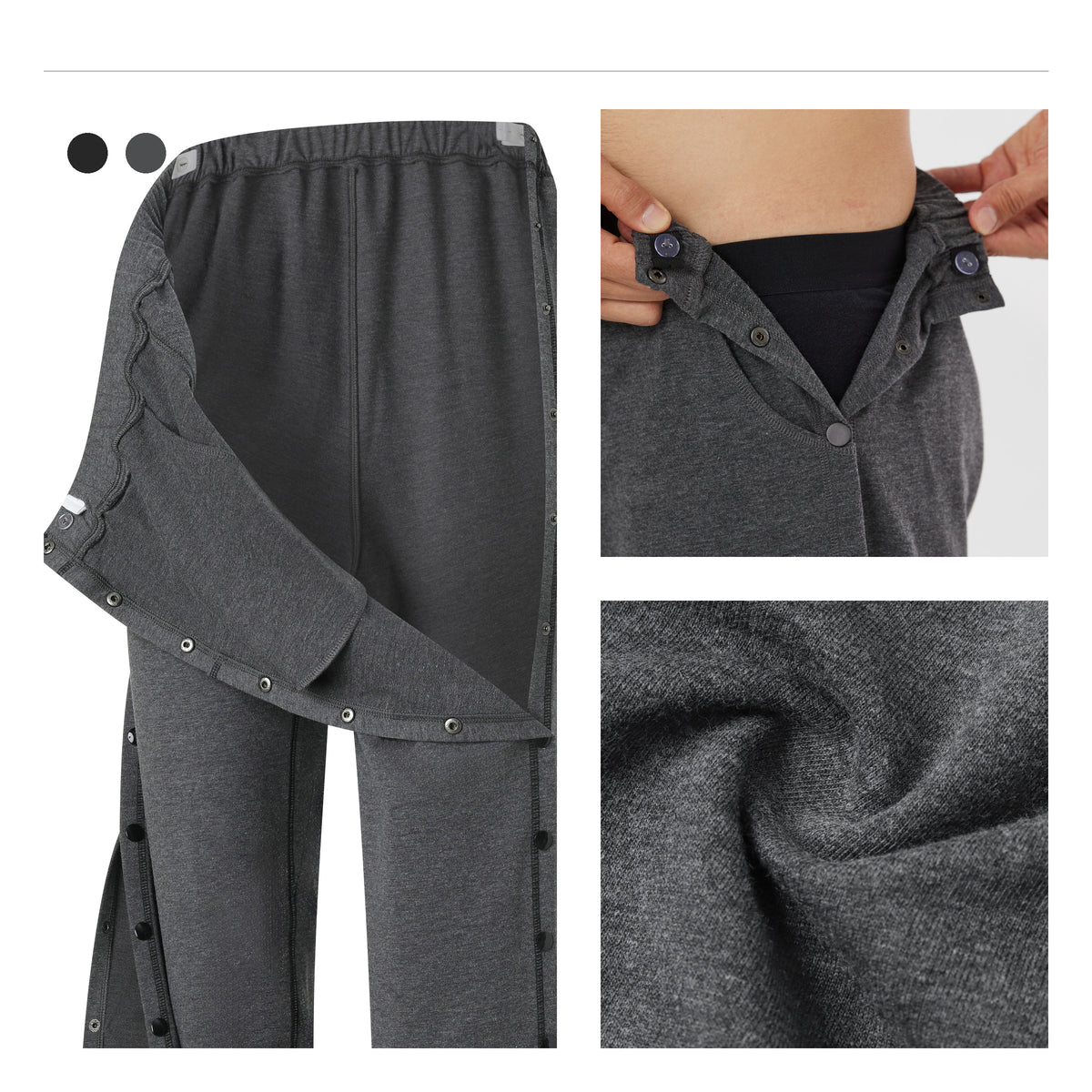 Recovery pants shown with a snap-fastened panel open, plus close-ups of waist fastenings and gray fabric.
