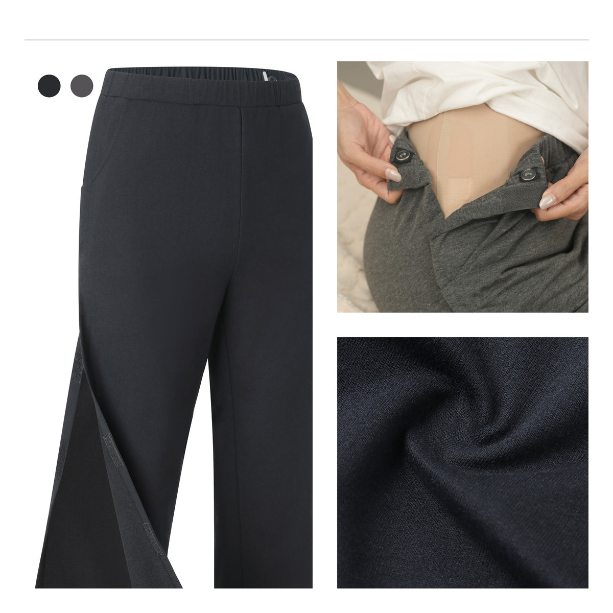 Recovery pants shown with an opened leg panel, plus close-ups of waist snaps and fabric texture.